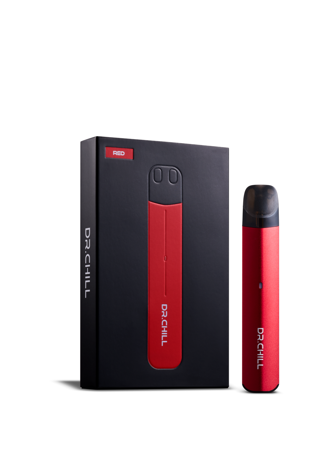 DR.CHILL本体(RED)とパッケージ。国産ニコチン0電子タバコ